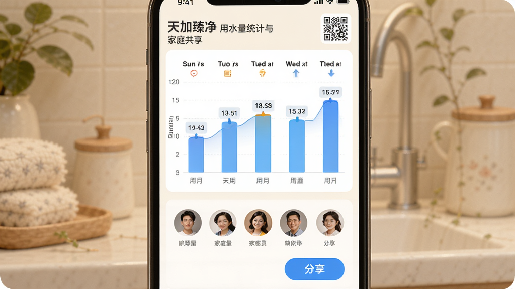 ����龻 ��ˮ��ͳ�����ͥ�������棬���������ֻ���Ļ��ʾһ���������ˮ����״ͼ���·��м�ͥ��Աͷ���б��ͷ�����ť�������Ű�Ϊ���·ֲ㣬�����ܰ�ӼҸУ�����Ϊů��ɫ��ϸ�ڰ�����ˮ������ǩ�ͷ�����ά��ͼ�꣬���ʸɾ��޶���Ԫ��