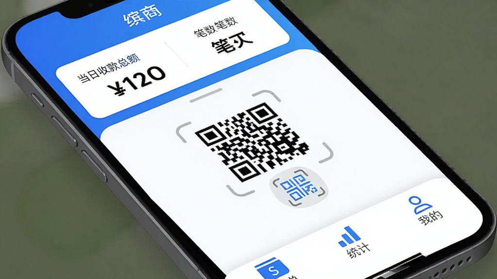 �ֻ���Ļչʾ����Ӧ�������棬�Ϸ���ʾ�����տ��ܶ�ͱ������м����տ��ά���ɨ��ͼ�꣬�ײ����˵���ͳ�ơ��ҵ�����ѡ���������������ɫΪ�����ִ���ƽ����ƣ�ϸ��Բ�󣬻��ʸɾ��������޶���Ԫ��