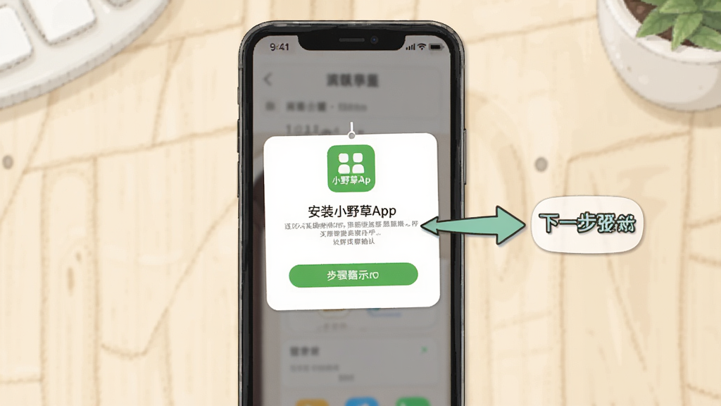 һ��չʾ�ֻ���װСҰ��App���̵Ĳ���ʾ��ͼ���������ֻ���Ļ��ʾ��װȷ�Ͻ��棬�Ա��м�ͷָʾ��һ��������������ǳɫ���棬���̳���廭��ϸ�����������ʸɾ��޶���Ԫ��