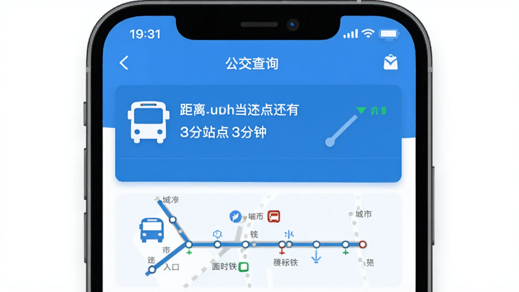 ����ͨApp������ѯ���棬�ֻ���Ļ��ʾĳ·���������뵱ǰվ�㻹��3���ӣ��·��е�����·ͼ��ڣ�������ˬ����ɫ����ɫ����ƽ����ƣ����ʸɾ�