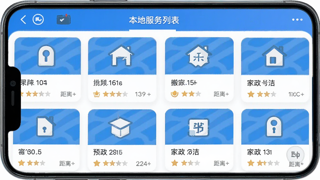����ͨApp���ط����б�ҳ�棬�ֻ���Ļ��ʾ��������������������䡢��������ȷ����̼ҿ�Ƭ��ÿ����Ƭ�����ֺ;��룬�����������ɫ������ƽ����ƣ����ʸɾ�