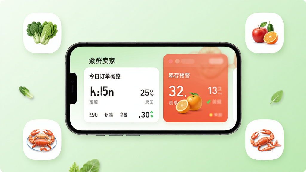 鲜卖家APP主界面展示,手机屏幕中央显示店铺今日订单概览和库存预警卡片,周围环绕生鲜商品图标如蔬菜、水果、海鲜,背景为淡绿色渐变,整体风格清爽简洁,画质干净无多余元素