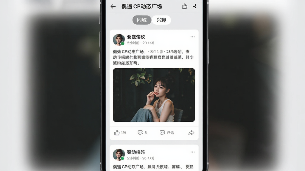 ż��CP��̬�㳡���棬�ֻ���Ļչʾ�ٲ������ֵ��û���̬��Ƭ��ÿ�ſ�Ƭ�����û�ͷ���ǳơ�����ʱ�䡢�������ݺ���ͼ���·��е��޺����۰�ť��������ͬ�Ǻ���Ȥ��ǩ�л���������Ϊǳ��ɫ����������ˬ��࣬���ʸɾ����޶���Ԫ��