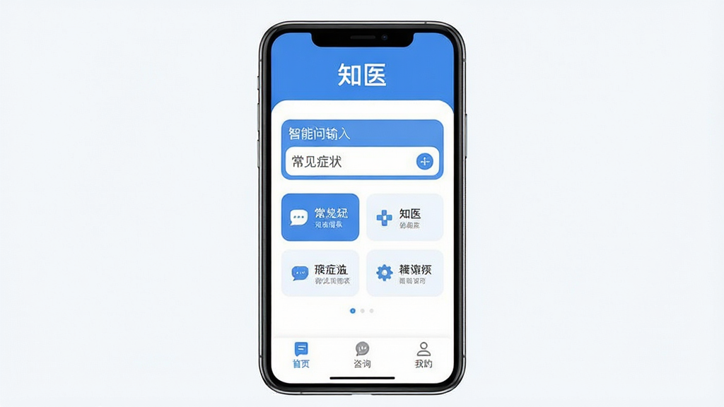 һ��չʾ��֪ҽ��App���Ľ�����ֻ�����ͼ������������һ���ִ������ֻ�����Ļ��ʾApp��ҳ�棬�����С�֪ҽ�����ֱ�ʶ���м����������������ͳ���֢״�����ڣ��ײ�Ϊ��ҳ����ѯ���ҵ�����ѡ����������������ɫ���������ˬ������������ϸ��Բ�󣬻��ʸɾ����޶���Ԫ�ء�