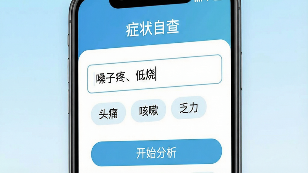 һ�š�֪ҽ��App֢״�Բ鹦�ܽ����ͼ���ͼ�������������ֻ���Ļ��д����Ļ�Ϸ���ʾ��֢״�Բ顱���⣬�м���һ�������롰ɤ���ۡ����ա����ֵ�������·������ų���֢״��ǩ�硰ͷʹ�������ԡ������������ײ��С���ʼ��������ť������Ϊǳ��ɫ���䣬������ҽ�ƽ�����App������ɫ���ɾ����࣬�޶���װ�Ρ�