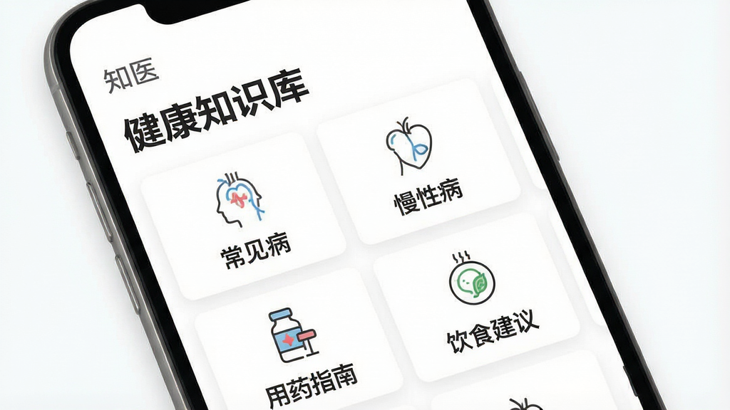 һ�š�֪ҽ��App����֪ʶ��ҳ��ʾ��ͼ�������������ֻ���Ļ����Ļ����ʾ������֪ʶ�⡱���⣬�·�Ϊ���࿨Ƭʽ���֣���Ƭ�Ϸֱ�д�š��������������Բ�������ҩָ�ϡ�����ʳ���顱��ÿ�ſ�Ƭ����һ����Լ������ͼ�꣬����Ϊ��ɫ�������������Ű����룬����ִ���ƽ�����ʸɾ����޶���Ԫ�ء�