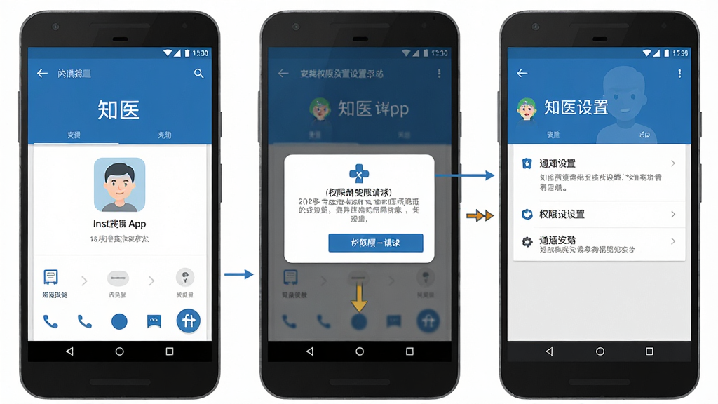 һ��չʾ��֪ҽ��App�ڰ�׿�ֻ��ϰ�װ��Ȩ���������̵�ʾ��ͼ�������Ϊ�����ֻ���Ļ����չʾ����һ����Ļ��ʾ��װ���棬�ڶ�����Ļ��ʾȨ�����󵯴�����������Ļ��ʾ֪ͨ����ҳ�棬������Ϊ��ƽ���̳�ͼ�⣬��ɫΪ���׻ң����������ɱ棬�������룬���ʸɾ����޶���Ԫ�ء�