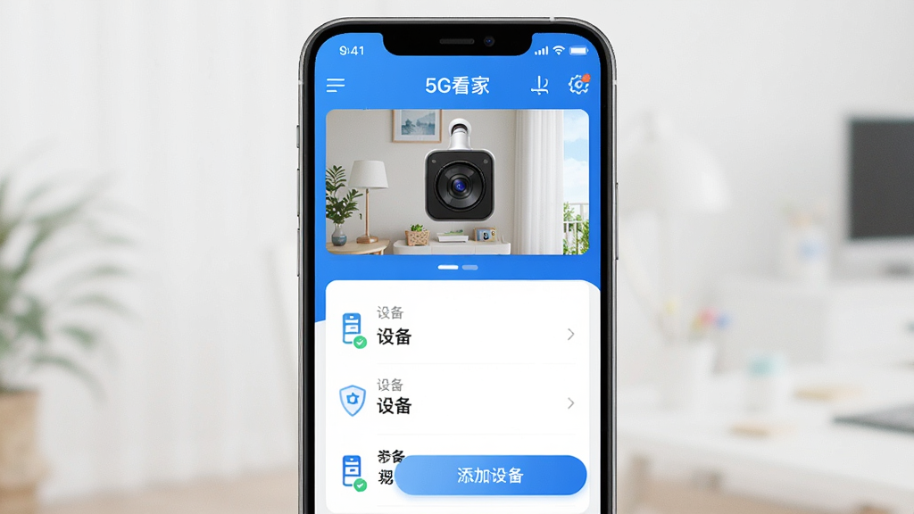 һ��չʾ�����ֻ���Ļ�Ļ��棬��Ļ����ʾ��5G���ҡ�App�������棬������������ɫΪ�����Ϸ�������ͷ����Ԥ�������·����豸�б��������豸��ť���������ִ���࣬����ɫ��������ϸ�����������ʸɾ��޶���Ԫ��
