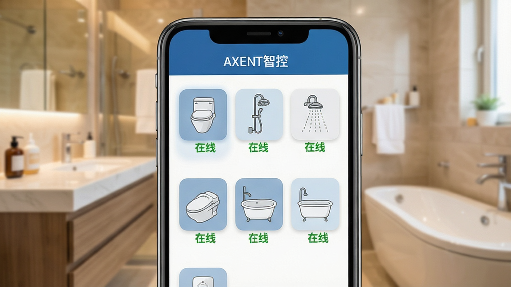 һ��չʾAXENT�ǿ�App���豸����������ֻ���ͼ��������һ���ֻ���Ļ����ʾ�Ŷ��������ԡ�豸��ͼ�꣬��������Ͱ�����ܻ���������ԡ�׵ȣ�ÿ���豸�Ա���
