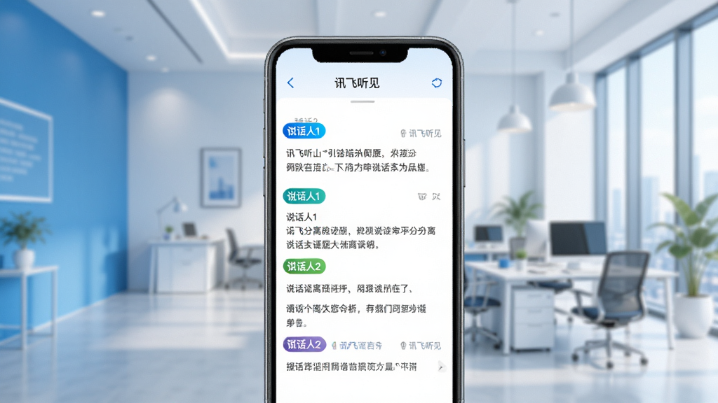 һ��չʾѶ������˵���˷��빦�ܵ�ʾ��ͼ���ֻ���Ļ��ʾתд�ĸ壬ÿ�λ�ǰ���в�ͬ��ɫ�ġ�˵����1����˵����2����ǩ�������������İ칫�ң�����ִ���ɫ�����ף����ʸɾ���ͼƬ�����ְ�����Ѷ��������