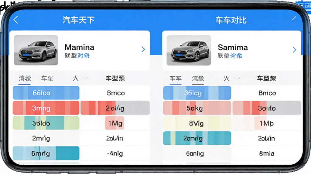 �������³��ͶԱȹ��ܽ��棬�ֻ���Ļ��ʾ��������App�ĳ��ͶԱ�ҳ�棬�������зֱ�չʾ����͵Ĳ����Աȱ��񣬲������ø���ɫ��ע�������г������ƺ�����ͼ�����沼�ֹ�����������ɫ�������ˬ�����ʸɾ��޶���Ԫ��