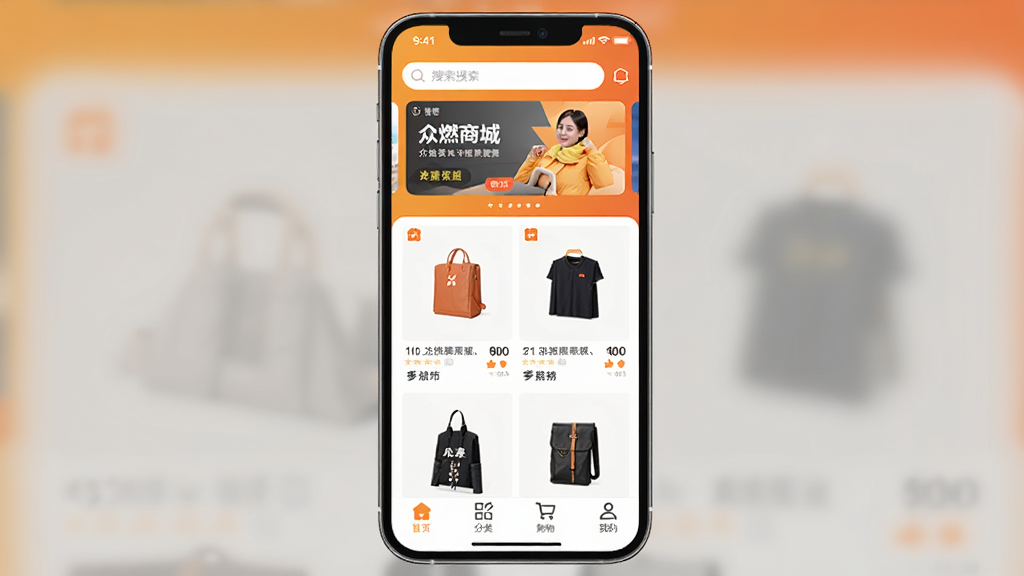 �ֻ���Ļ������ʾ��ȼ�̳�App��ҳ���棬���������������ֲ��������м�����Ʒ�ٲ���չʾ�����ײ�����ҳ�����ࡢ���ﳵ���ҵ��ĸ�����ͼ�꣬����Ϊů��ɫ���䣬�����������죬�������������ʸɾ����޶���Ԫ��