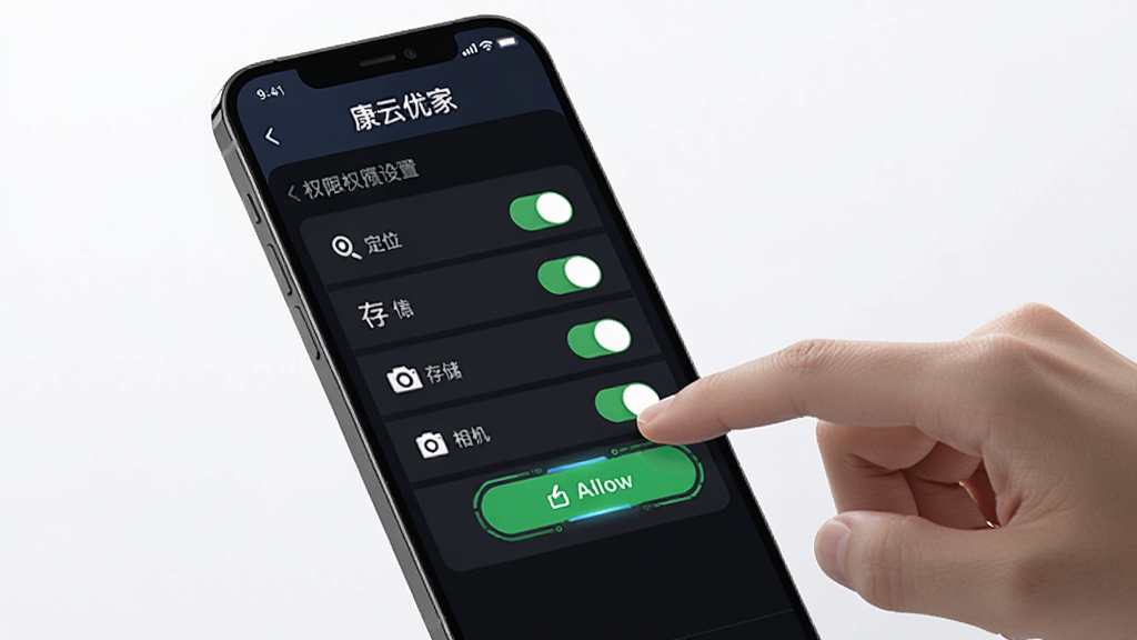 �ֻ���Ļ��ʾ�����ż�App��Ȩ������ҳ�棬�ж�λ���洢�������Ȩ�޿��أ��Ա���һֻ���ڵ��������ť��������Ϊ�Ƽ��н̳�ͼ�������ɾ�������������