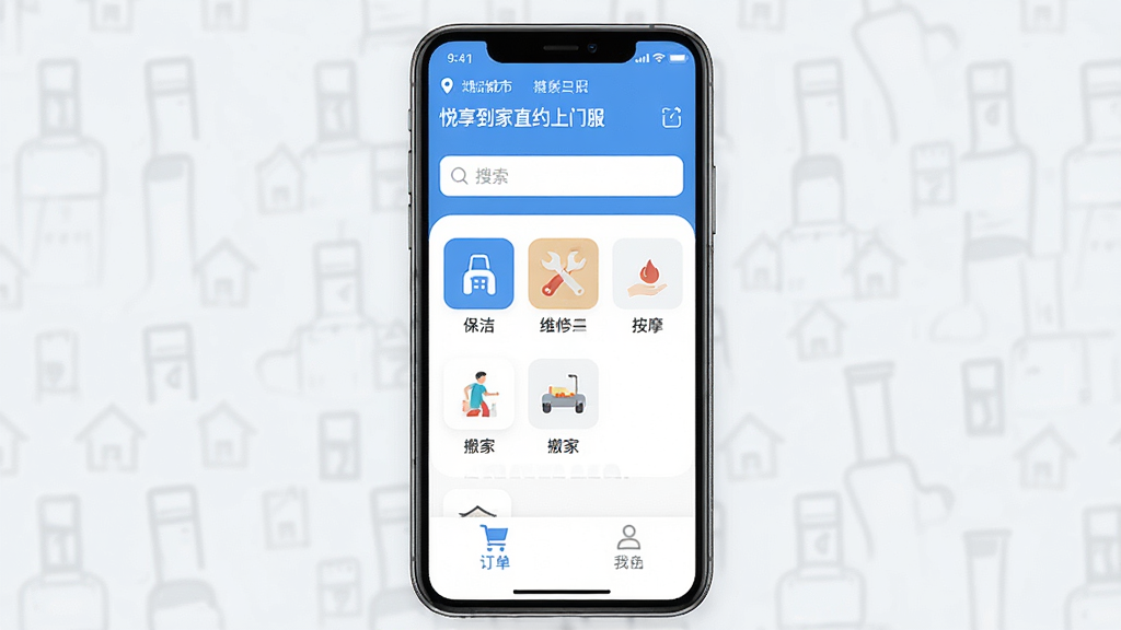 一张手机应用界面展示图,画面中央是「悦享到家直约上门服务平台用户端」的首页,顶部显示定位城市和搜索框,中间是保洁、维修、按摩、搬家等服务分类图标,底部是订单和我的页面入口,整体配色为清爽的蓝白色调,风格现代简约,细节干净,画质清晰,无多余元素