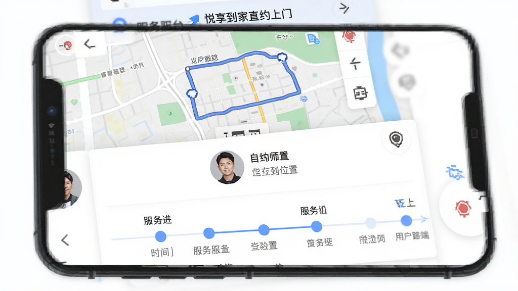 手机屏幕显示「悦享到家直约上门服务平台用户端」的订单跟踪页面,顶部是地图轨迹,中间是师傅头像和当前位置,底部是服务进度时间轴,状态节点用蓝色圆点连接,背景白色,设计简洁,文字信息层级分明,画质干净