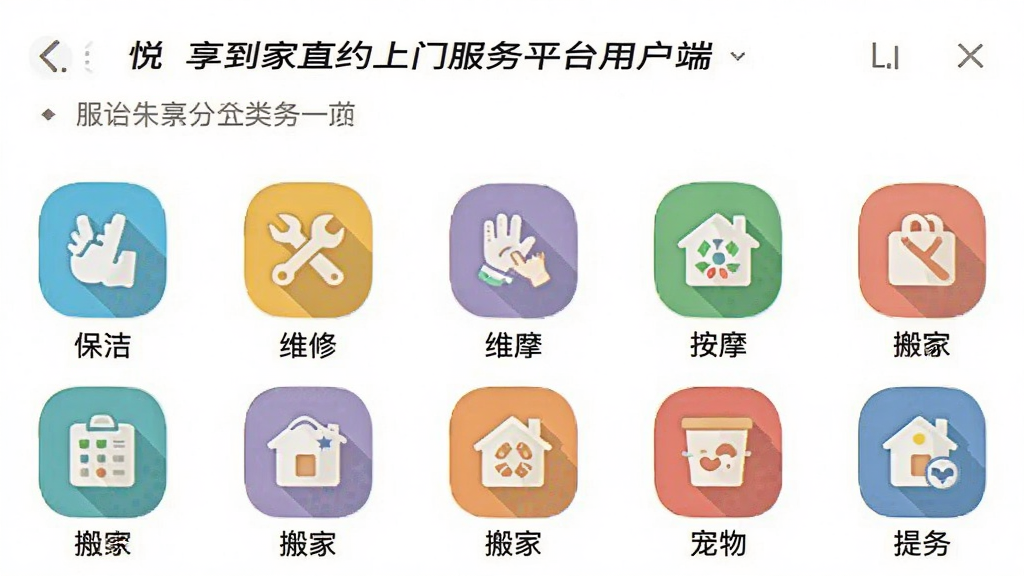 一张「悦享到家直约上门服务平台用户端」的服务分类页面截图,页面以网格形式排列保洁、维修、按摩、搬家、宠物等图标,每个图标下方有中文标签,背景为白色,图标为彩色扁平风格,布局规整,画质清晰干净