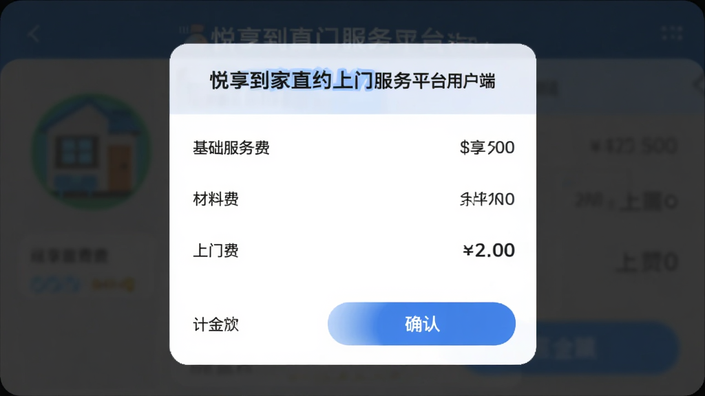 展示「悦享到家直约上门服务平台用户端」的价格明细弹窗,弹窗内列出基础服务费、材料费、上门费等条目,底部有合计金额和确认按钮,背景为半透明黑色遮罩,弹窗为白色圆角卡片,文字清晰,风格简洁,无多余装饰