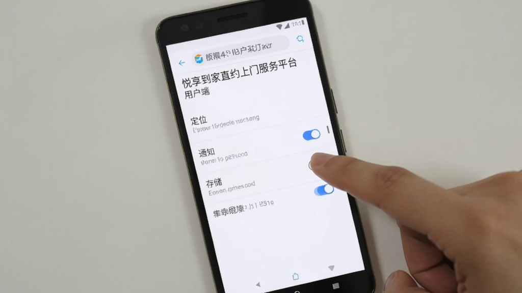一部安卓手机屏幕上显示「悦享到家直约上门服务平台用户端」的权限设置界面,列表中有定位、通知、存储等权限开关,界面为系统设置风格,白色背景,文字清晰,旁边有一只手正在点击定位权限开关,画面简洁干净