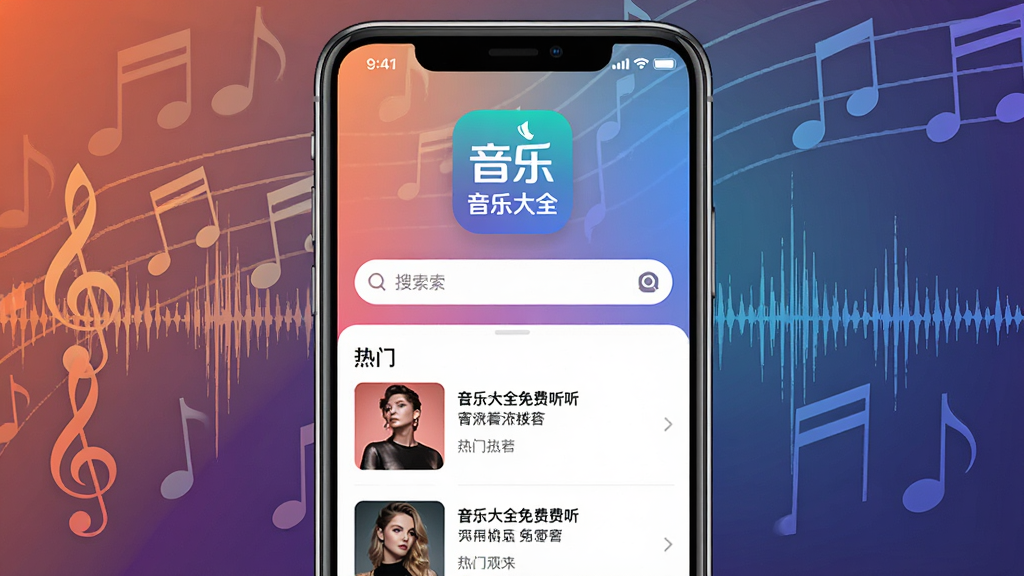 一张展示音乐大全免费听App主界面的图片,画面中央是手机屏幕,屏幕内显示音乐大全免费听的Logo和搜索框,下方排列着热门歌曲推荐列表,背景是渐变的音符和声波纹理,风格现代简约,细节清晰,画质干净无多余元素
