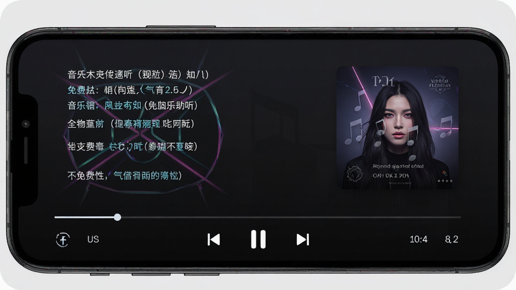 音乐大全免费听App的播放界面截图,画面中手机横屏显示歌词和专辑封面,底部有播放控制按钮,界面以深色模式为主,文字清晰,风格酷炫,画质细腻无多余元素