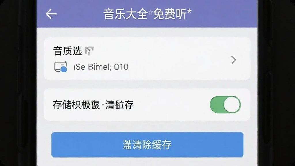 一张手机屏幕截图,展示音乐大全免费听的设置页面,画面中有音质选择、存储权限开关、清除缓存按钮等选项,界面简洁明了,风格扁平化,画质清晰无多余元素