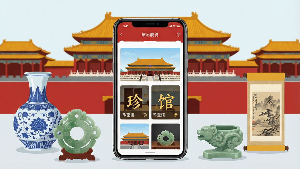 һ��չʾ�ʹ�չ��App���Ĺ��ܵ��ۺϳ���ͼ������������һ�������ֻ�����Ļ����ʾ�Źʹ�չ��App�������棬��������̫�͵�䱦�ݵ�չ����ڵ�����ͼ���ֻ���Χ�����ż��������Ĺʹ�������໨�ɡ��������黭���ᣬ�����ǹʹ���ǽ���ߵĽ���������������Ϊ�ִ���ƽ�廭��ɫ���Թʹ��졢�����ơ����ɫΪ����������ɾ����࣬�޶���Ԫ�أ����ʸ���