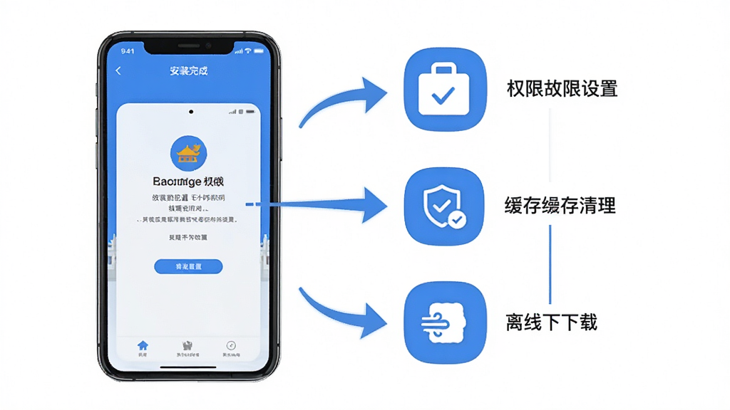 һ�Źʹ�չ��App�����ֲ�������ͼ��������һ���ֻ���Ļ����ʾ��App�İ�װ��ɽ��棬�Ա��м�ͷָ��Ȩ�����á������������������صȲ��������ͼ�꣬������Ϊ������Ϣͼ��ɫ������ɫ�Ͱ�ɫΪ�����������������ʸɾ����޶���Ԫ��