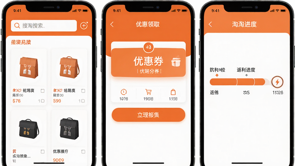 ��������App����չʾͼ�������Ϊ�������֣������ʾ���������Ʒ�б����м�չʾ�Ż�ȯ��ȡ���棬�ұ��Ƿ������������������ƽ������ɫ��Ϊ��ɫ�Ͱ�ɫ�����ʸɾ������޶���Ԫ��