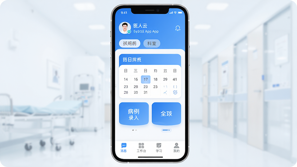 ҽ����App������ȫòչʾ��������һ���ֻ���Ļ����Ļ����ʾҽ����Ӧ����ҳ�������������������û���Ϣ����ұ�ǩ���м����Ű��ճ̿�Ƭ�Ͳ���¼������ڣ��ײ�Ϊ��Ϣ������̨��ѧϰ���ҵ��ĸ�ѡ��������Ű��࣬����ִ�ҽ��������ɫ��ϸ��Բ�����ʸУ����ʸɾ��޶���Ԫ��