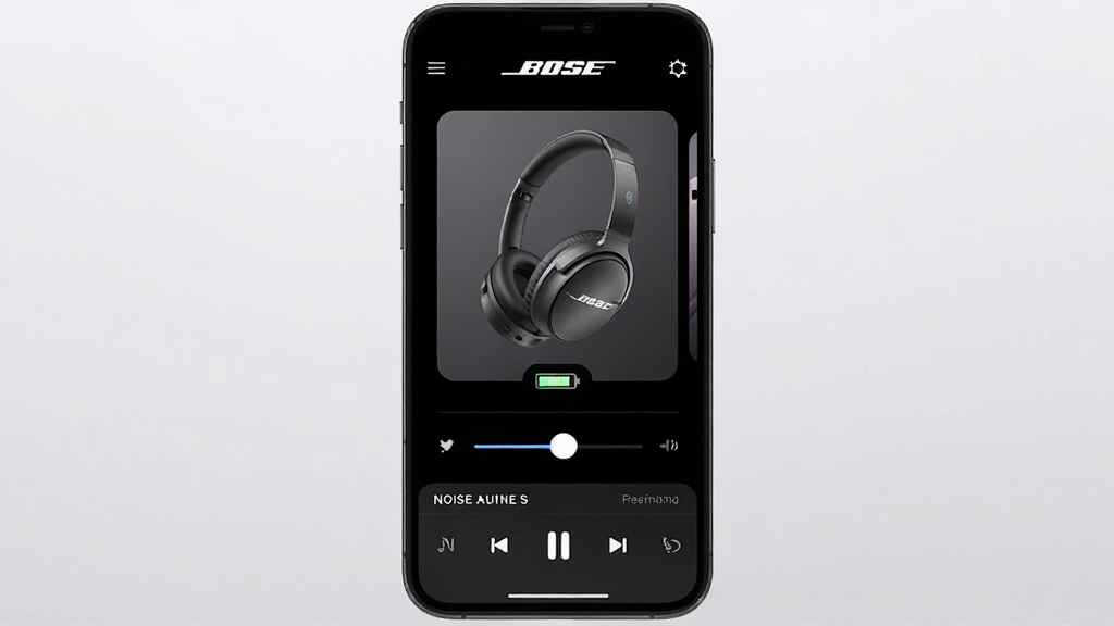 ������һ���ִ���Լ����App����չʾ������Ϊ�����ֻ���Ļ����Ļ����ʾBose����App�������棬������Bose��־���м��������ӵĶ���ͼƬ�͵�����ʾ���·��ǽ�����ڻ�������ֲ��ſ��������Ű����������Ϊ�ִ���ƽ����ƣ�ϸ����ͼ��Բ�󣬱�������͵�ǳ��ɫ���䣬���ʸɾ��������޶���Ԫ�أ���Ļ������Ϊ��Bose����
