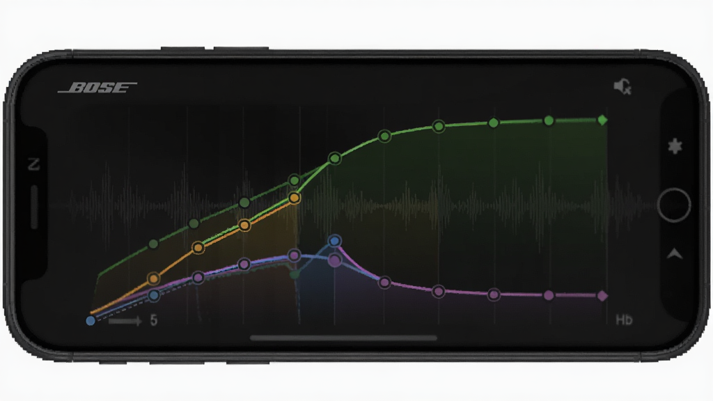 ������Bose App�ľ��������ڽ��棬����Ϊ�ֻ���Ļ����չʾ���Ű���������ͬ��ɫ�����ߴ������и�Ƶ������ǰ�ɫϵרҵ��Ƶ�������ϸ���������нڵ���϶���������΢������������������������������Ļ����Ϊ��Bose����