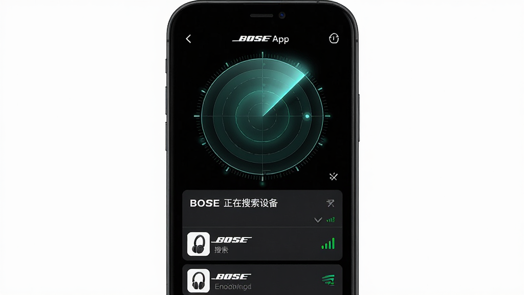 ������һ���ֻ���Ļ��ʾBose App���豸�������棬����Ϊ���½ṹ���Ϸ����״�ɨ�趯�����·������������豸�б����Ű��࣬���Ϊ�Ƽ��а�ɫUI��ϸ�����״ﲨ��΢��Ч�����б����ж���ͼ����ź�ǿ�ȣ����ʸɾ��޶���Ԫ�أ���Ļ����Ϊ��Bose ���������豸����