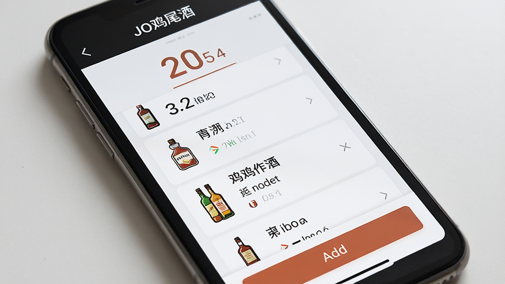 һ��չʾJO��β��app���˾ƹ���������ͼƬ���������ֻ���Ļ����ʾ���û���¼��ľ�ƿ�б��Ϳ�������β������ͳ�ƣ��������б����м䣬������ͳ�����֣��ײ������Ӱ�ť���Ű��������򣬷����ʵ�ã�ϸ���Ͼ�ƿͼ�����������ʸɾ��޶���Ԫ�أ�ͼƬ��������