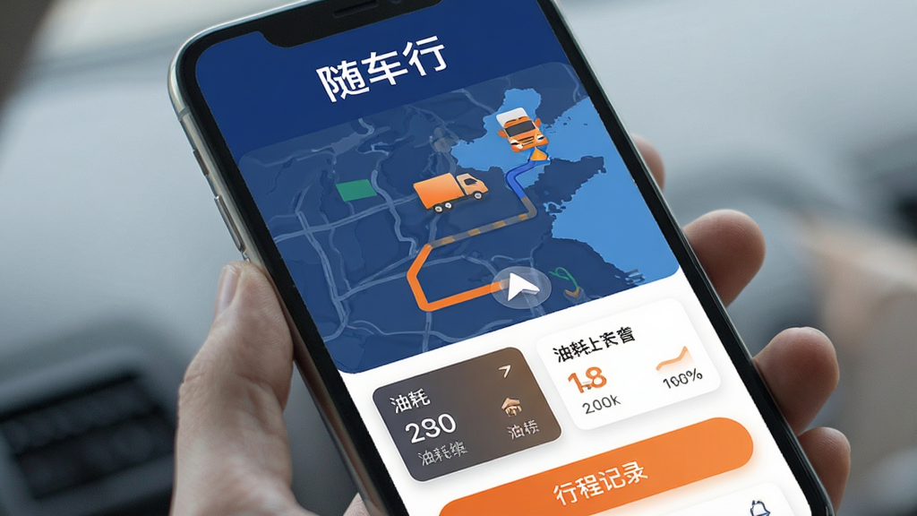 һ���ֻ���Ļչʾ���泵�С�App�����棬���涥����ʾ���泵�С������֣��м��ǵ�ͼ����·�ߺͻ���ͼ�꣬�ײ����ͺ�ͳ�ƿ�Ƭ���г̼�¼��ť��������ɫΪ�������ɫ���䣬������ִ������������ɾ����޶���Ԫ��