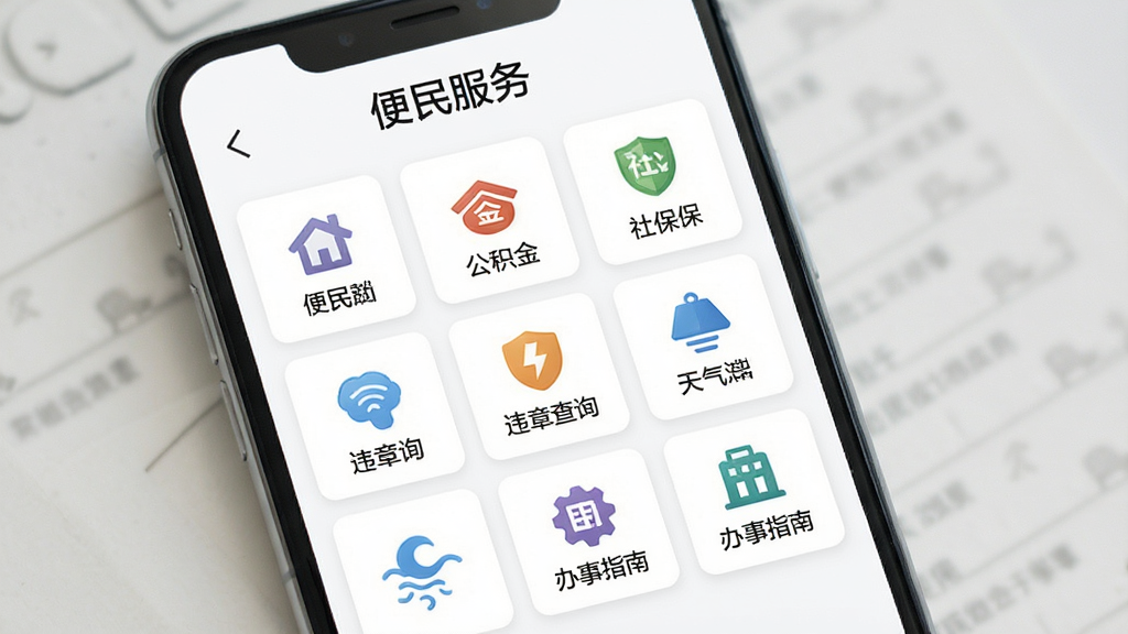 手机界面展示便民服务页面,顶部写着