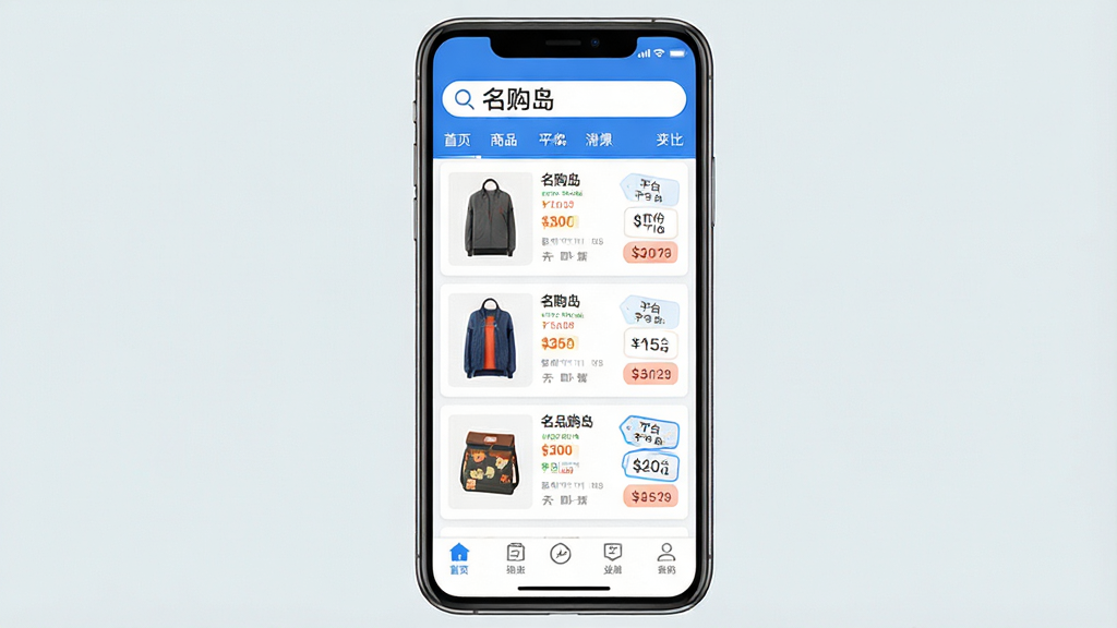 ������APP������ȫòչʾ���ֻ���Ļ������ʾ������Ӧ�ý��棬������������д�С��������������֣��м�չʾ��Ʒ�ȼ۽���б����������ƷͼƬ���Ҳ��ǲ�ͬƽ̨�ļ۸�Աȱ�ǩ���ײ������������ɼ����������������ɫ����ƽ����Ʒ�񣬽���ɾ����࣬���������ɶ������ʸ��壬�޶���װ��Ԫ��